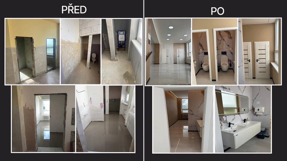 Sociální zázemí nové stomatologické kliniky – moderní WC a umyvadla